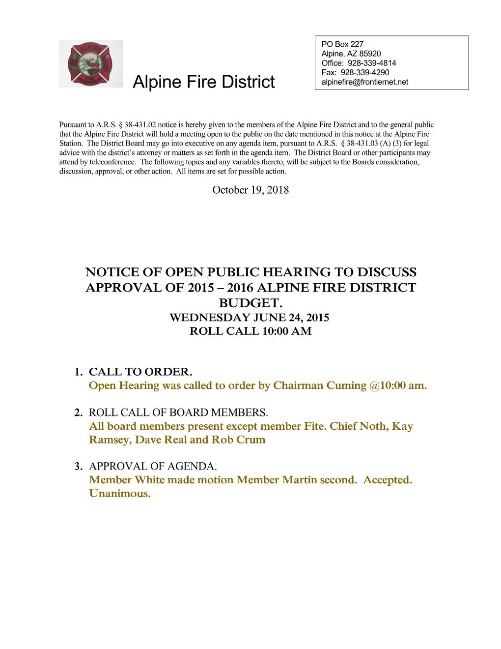 Notice of Open Public Hearing to Discuss Approval of 2015 2016 Alpine Fire District Budget