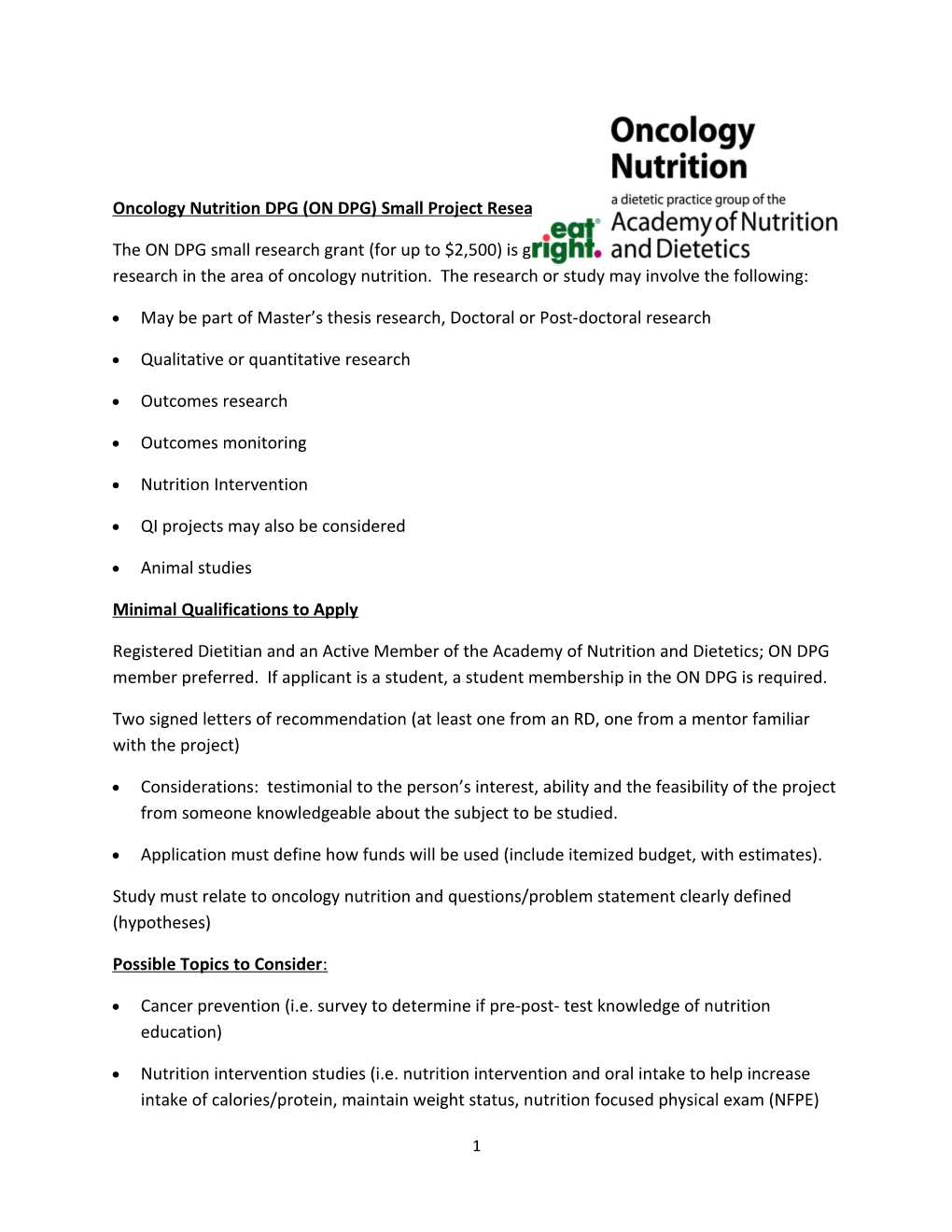 Oncology Nutrition DPG (ON DPG) Small Project Research Grant