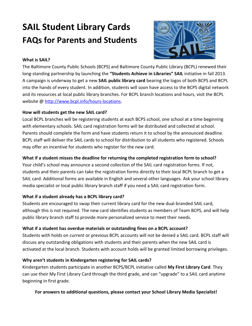 SAIL Student Library Cards Faqs for Parents and Students
