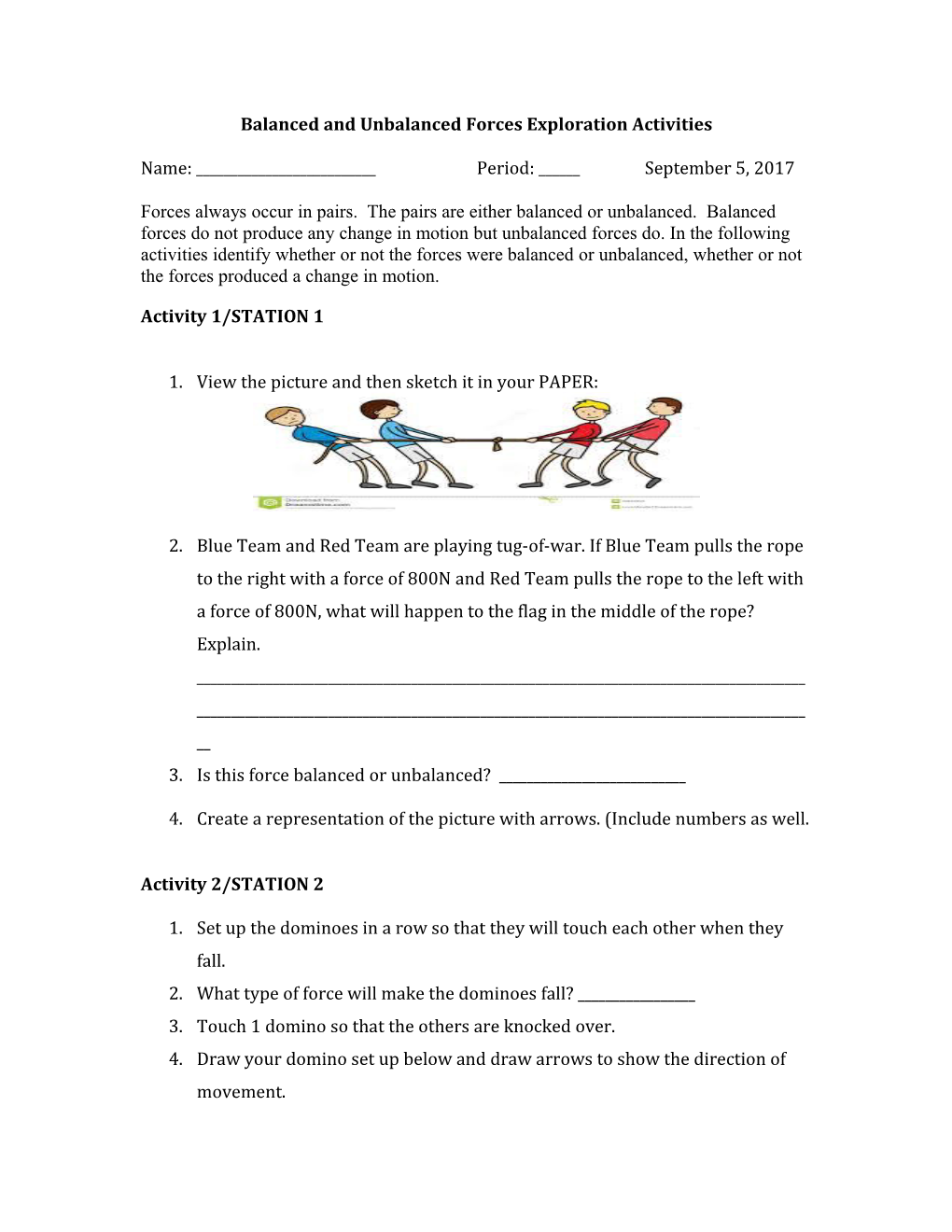 Balanced and Unbalanced Forces Exploration Activities