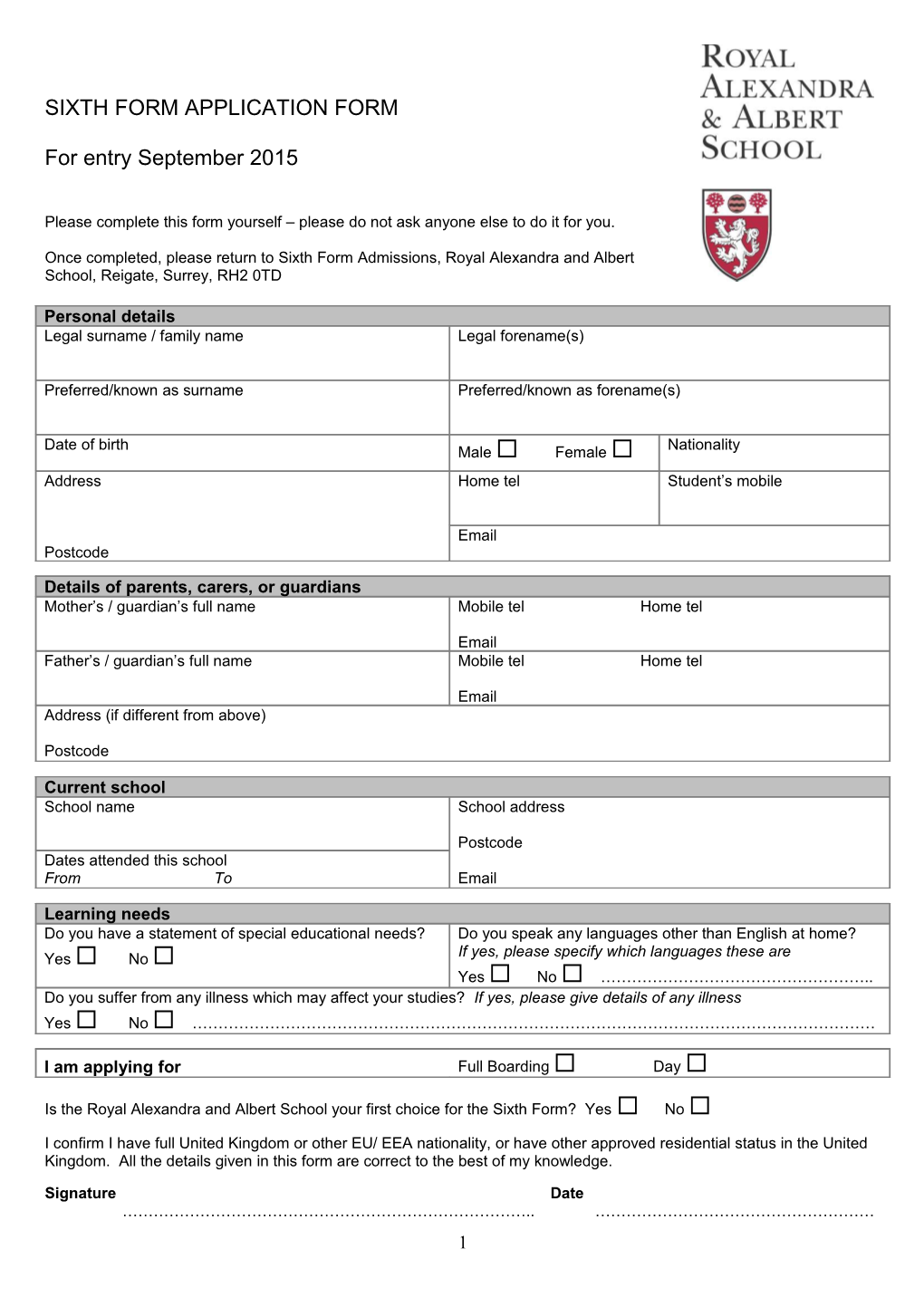 Sixth Form Application Form