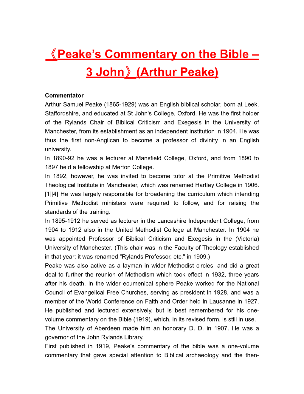 Peake S Commentary on the Bible 3 John (Arthur Peake)