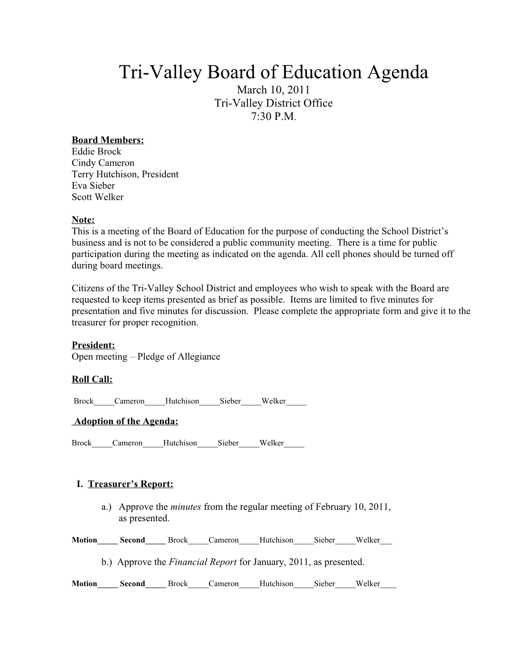 Tri-Valley Board of Education Agenda March 10, 2011