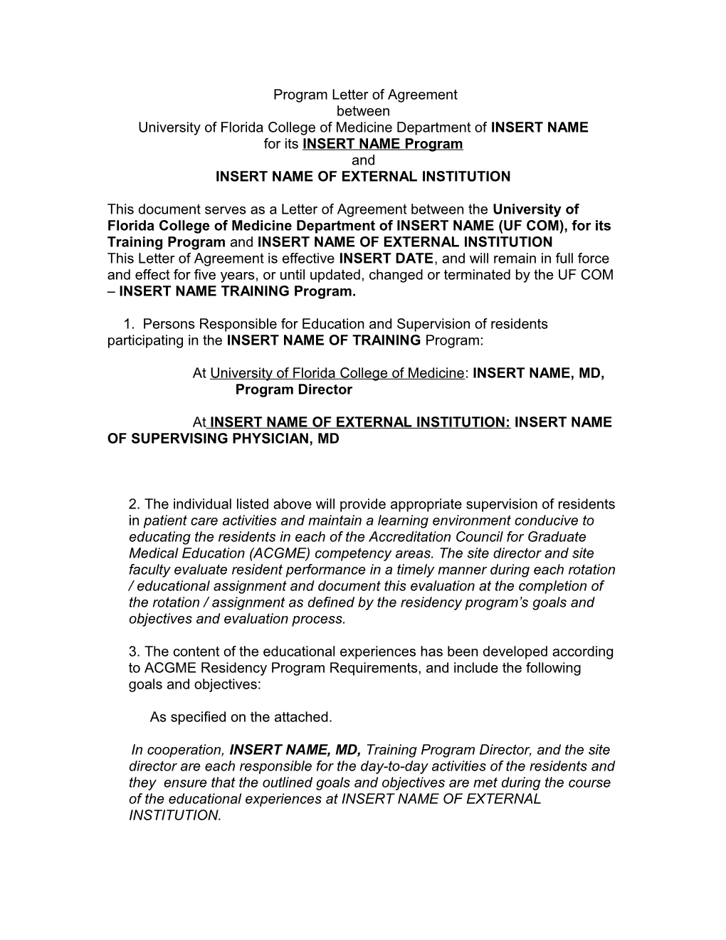 Program Letter of Agreement
