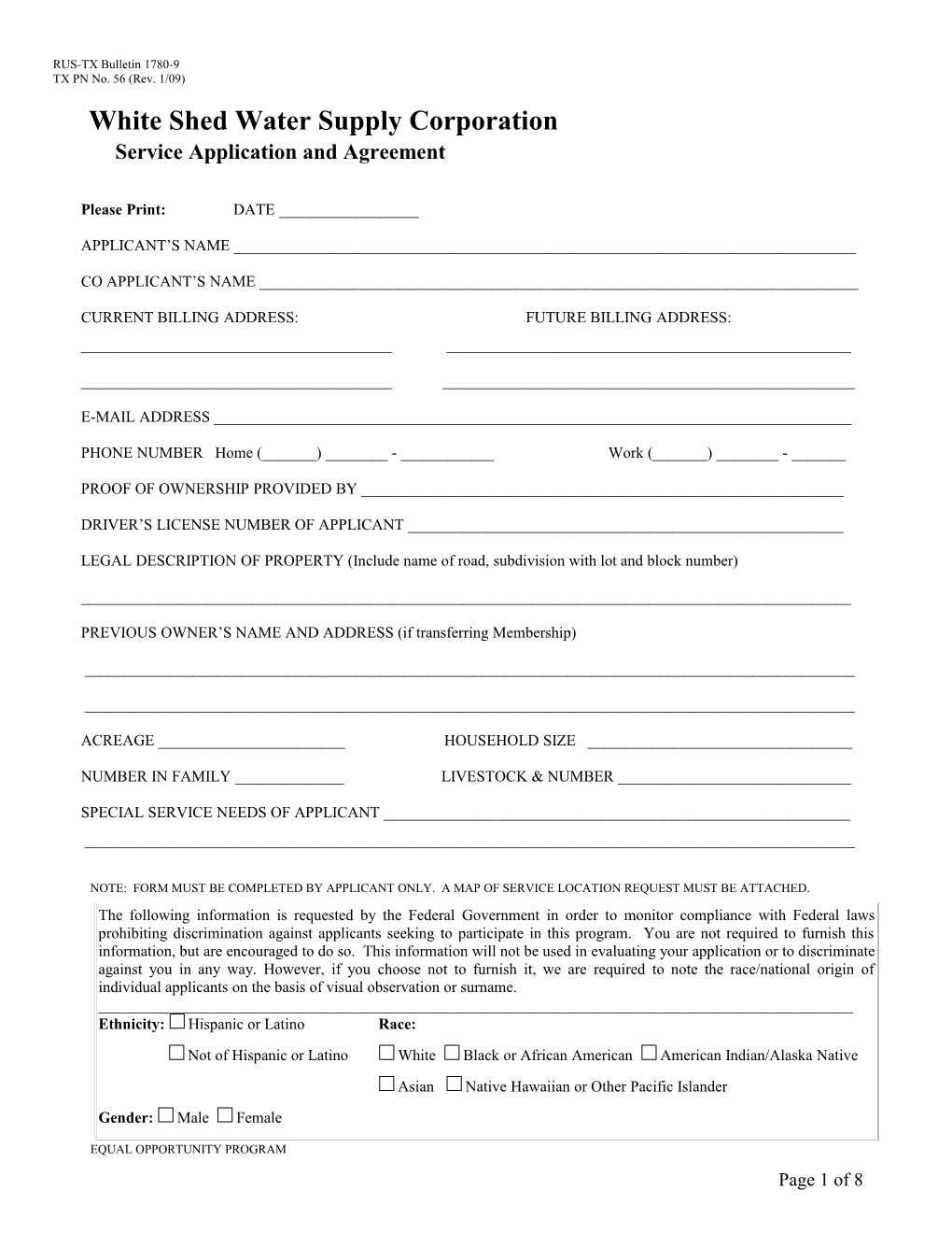RUS-TX Bulletin 1780-9 Service Application and Agreement