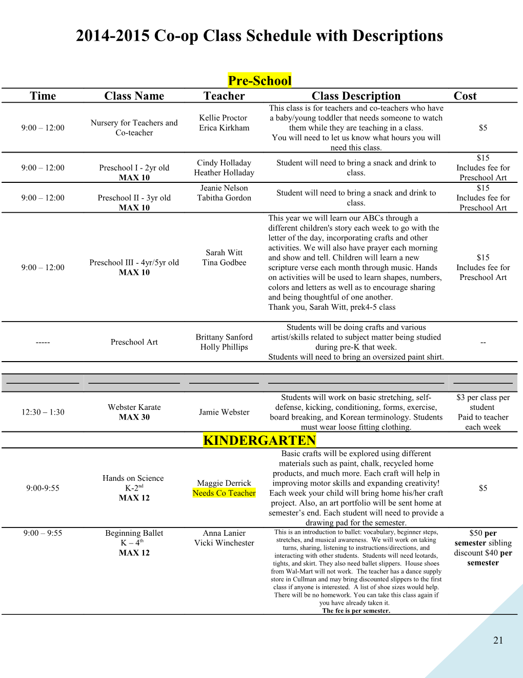 MHCS 2012-2013 Co-Op Class Schedule with Descriptions