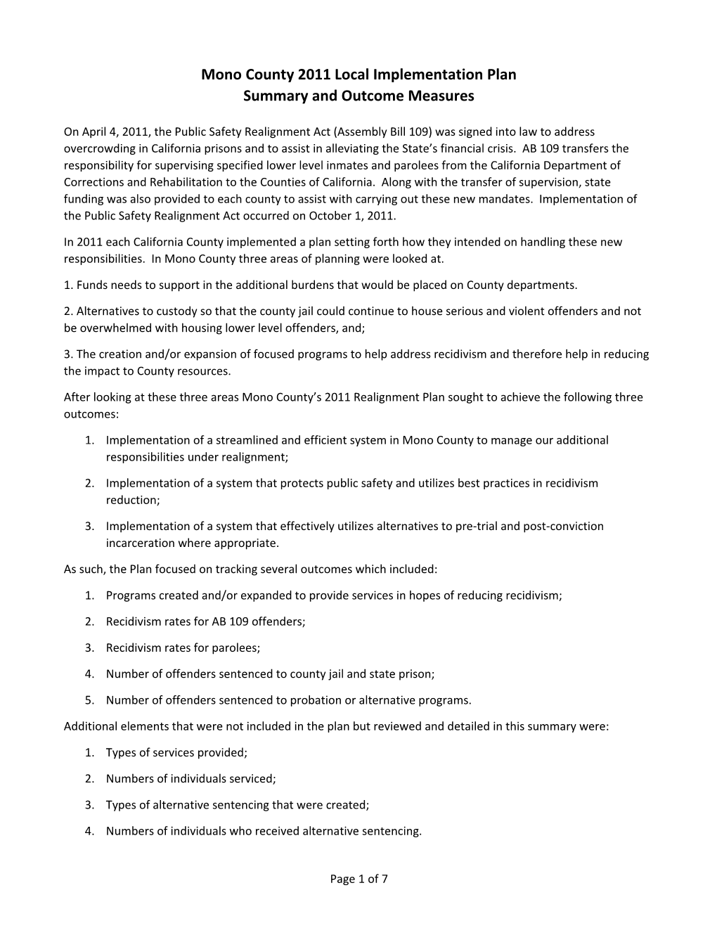 Mono County 2011 Local Implementation Plan