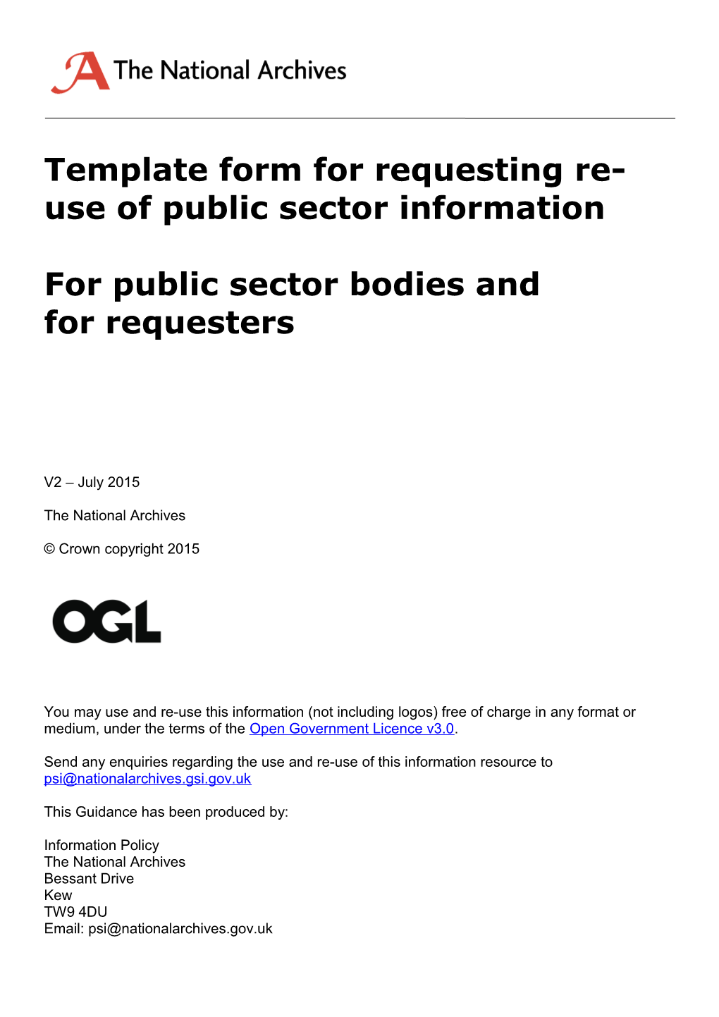 Template Form for Requesting Re-Use of Public Sector Information