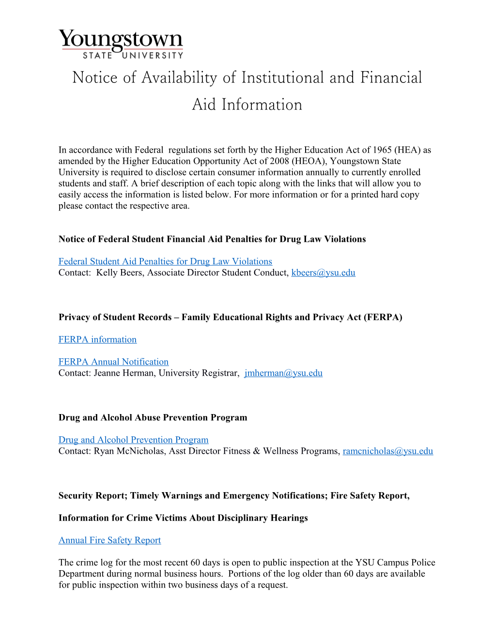 Notice of Availability of Institutional and Financial Aid Information