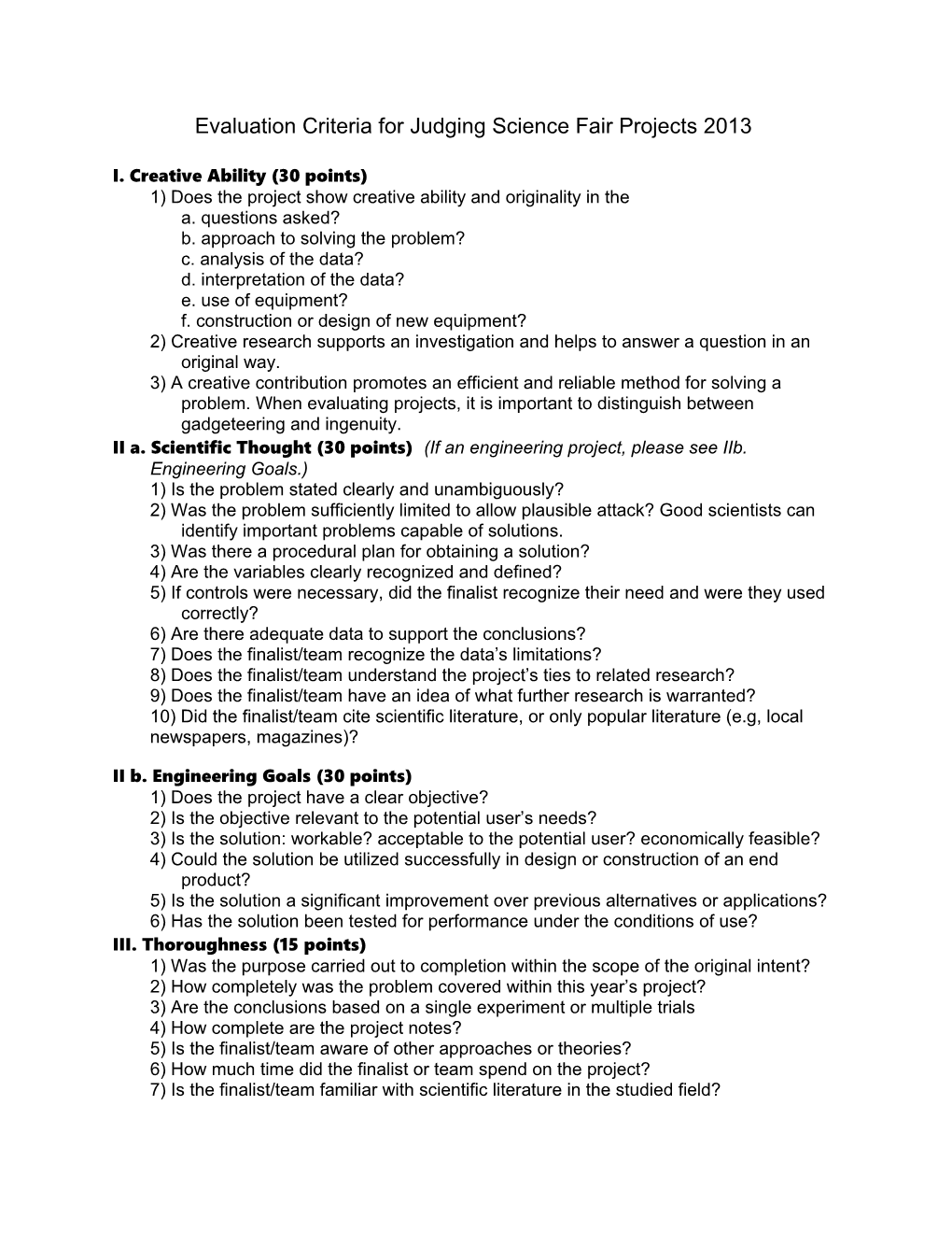 Evaluation Criteria for Judging Science Fair Projects 2013