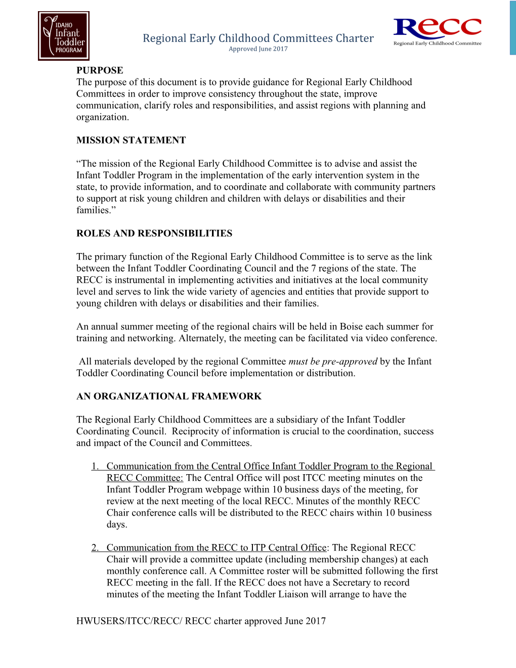 REGIONAL EARLY CHILDHOOD COMMITTEECHARTERJUNE 2006REVISED May 2012