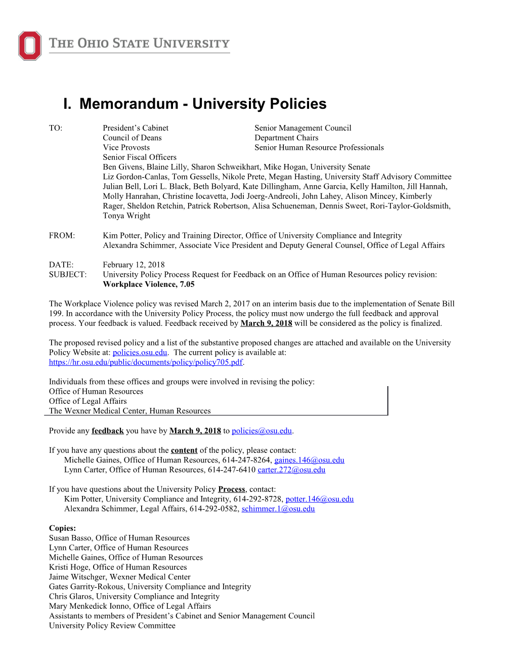 Memorandum - University Policies