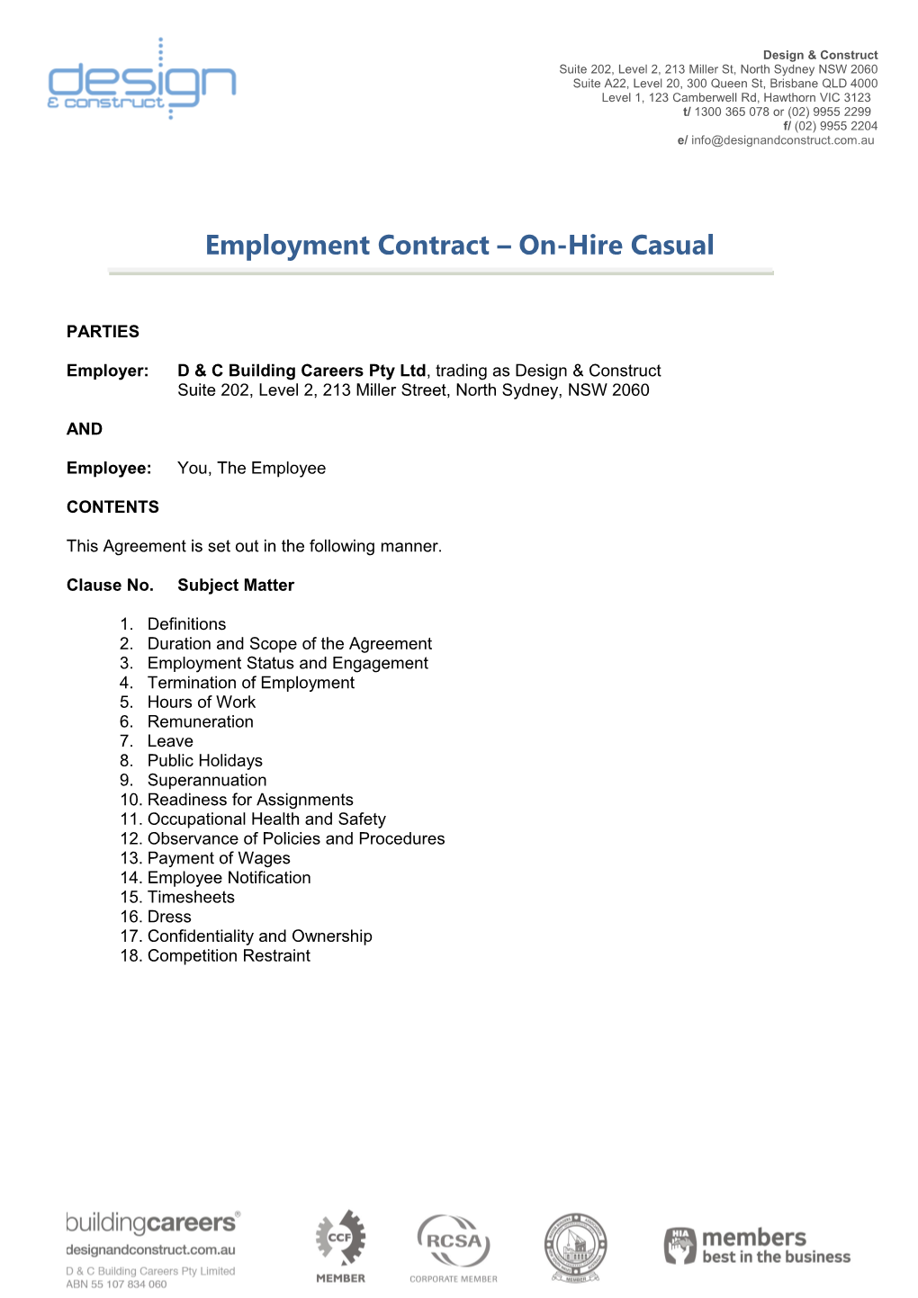 Employment Contract On-Hire Casual