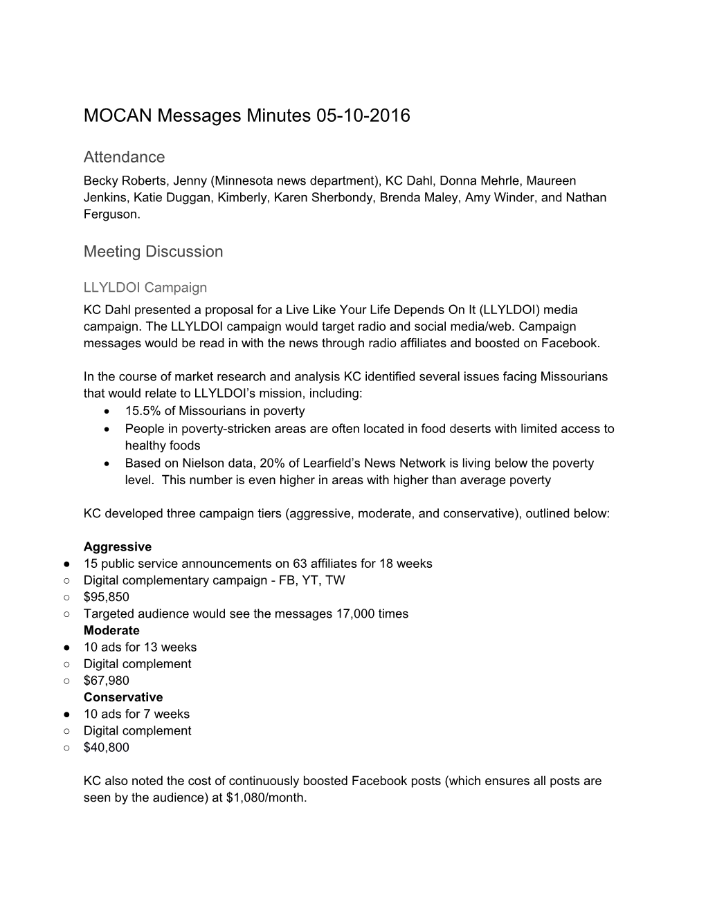 MOCAN Messages Minutes 05-10-2016