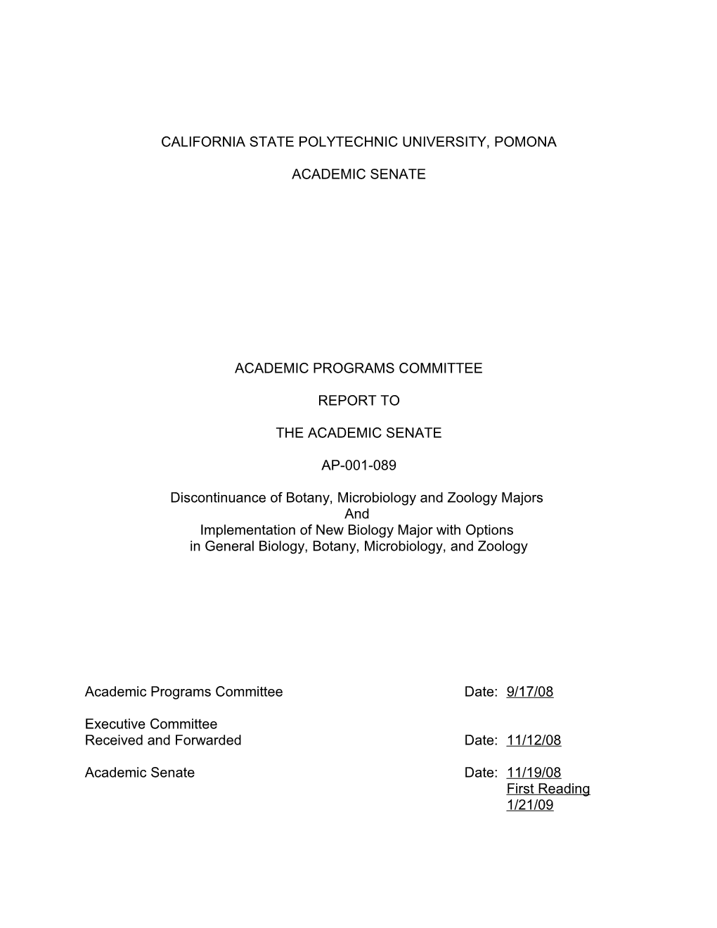 AP-001-089, Discontinuance of Botany, Microbiology and Zoology Majors