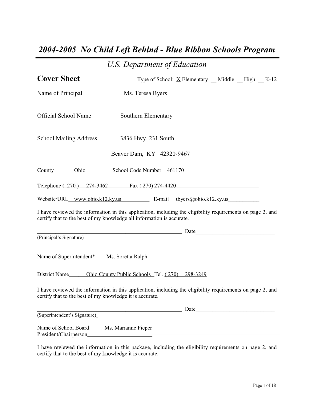 Southern Elementary School Application: 2004-2005, No Child Left Behind - Blue Ribbon Schools