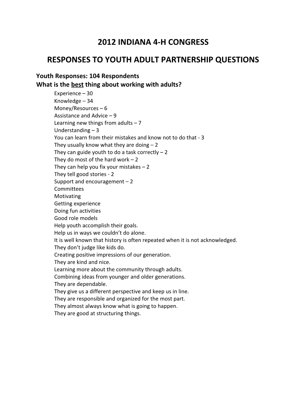 Responses to Youth Adult Partnership Questions