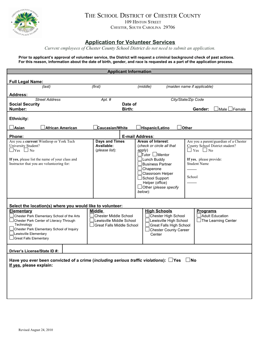 Application for Volunteer Services