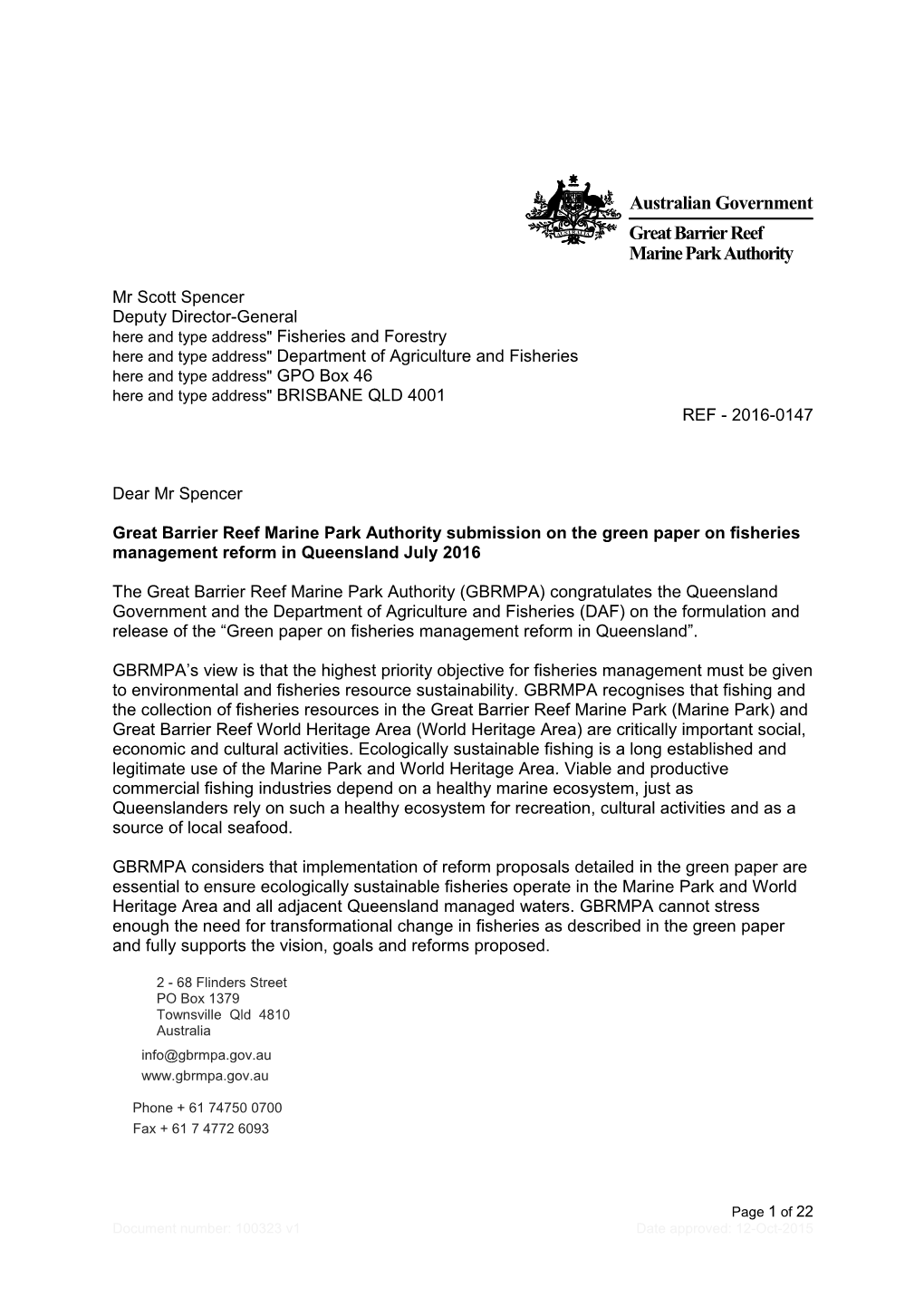 Great Barrier Reef Marine Park Authority Submission on the Green Paper on Fisheries Management