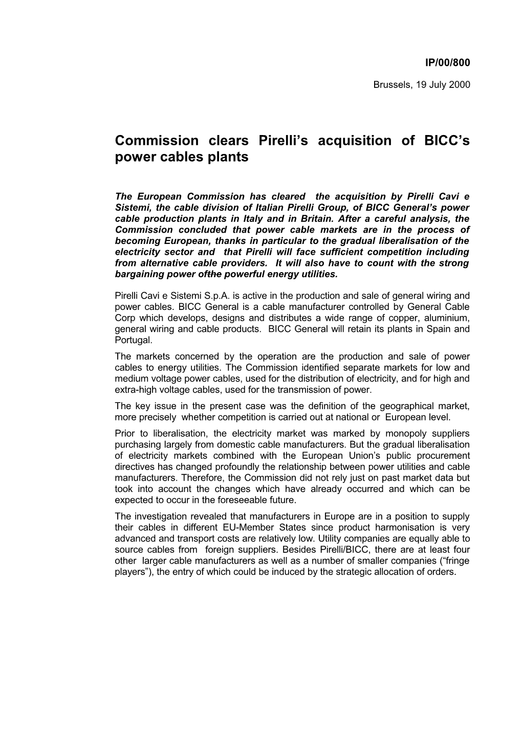 Commission Clears Pirelli S Acquisition of BICC S Power Cables Plants