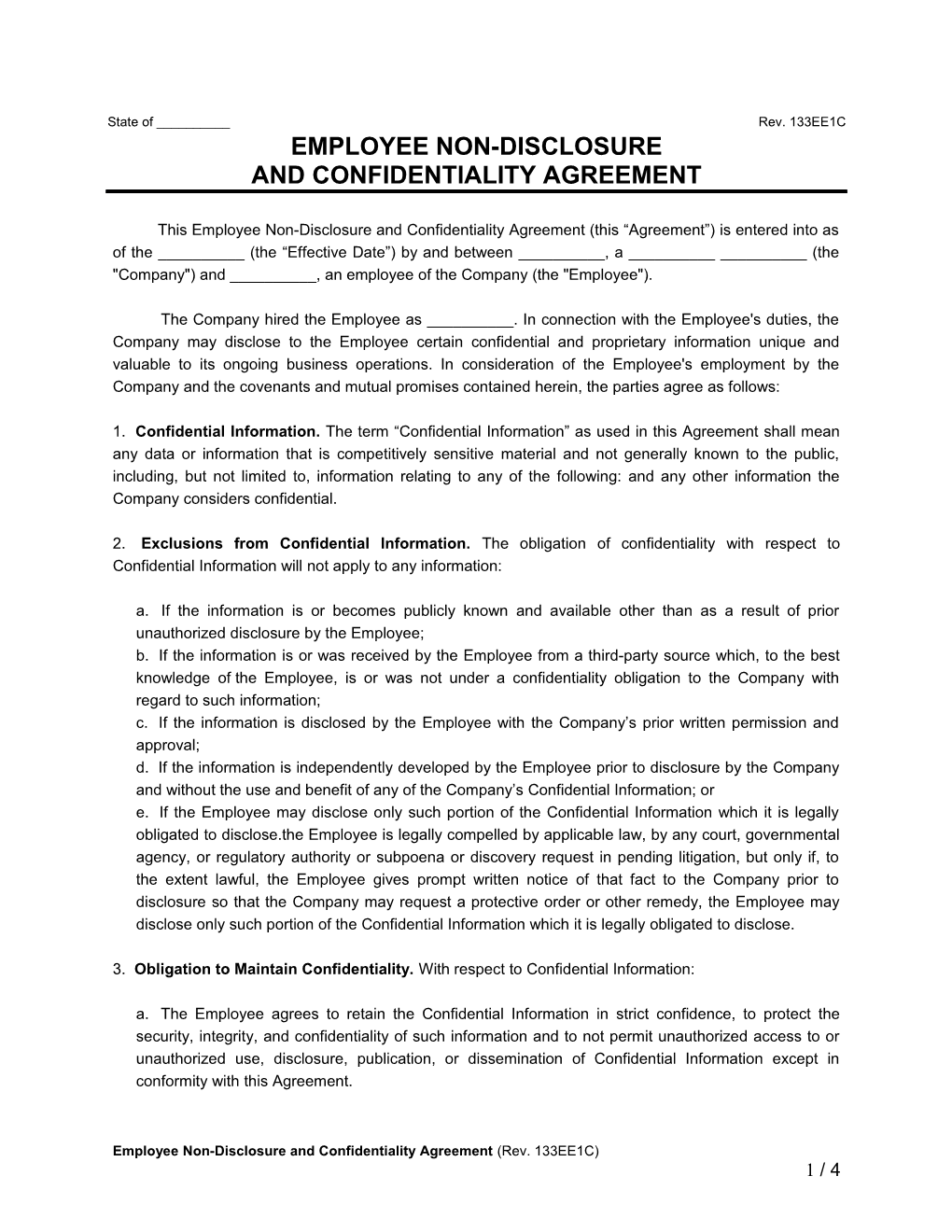 This Employee Non-Disclosure and Confidentiality Agreement (This Agreement ) Is Entered