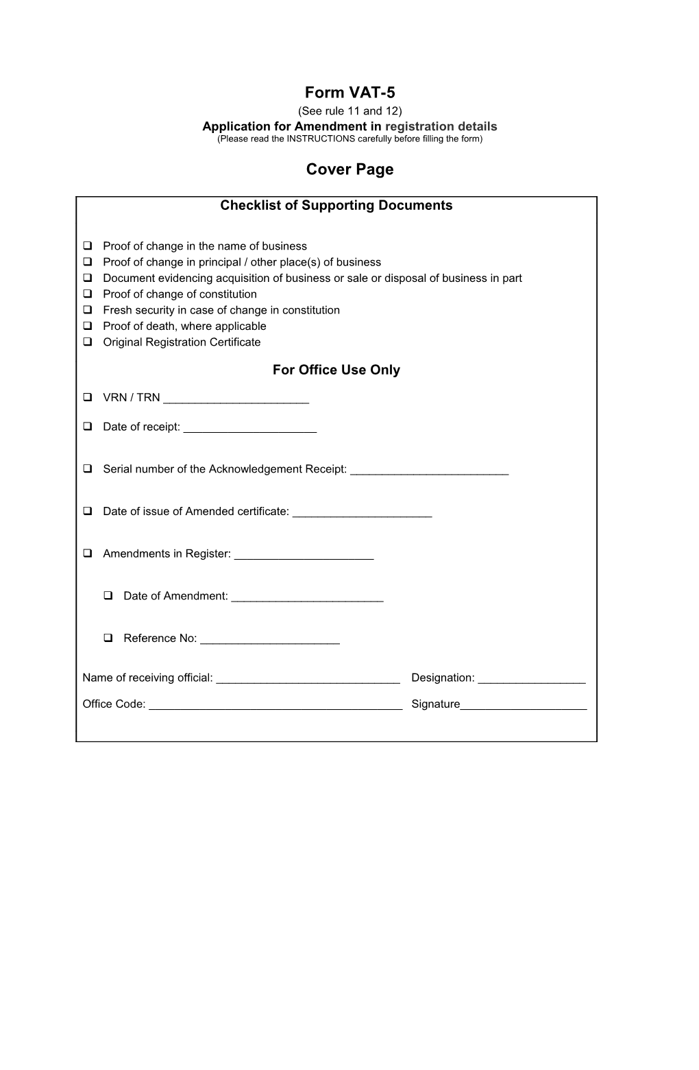 Application for Amendment in Registration Details