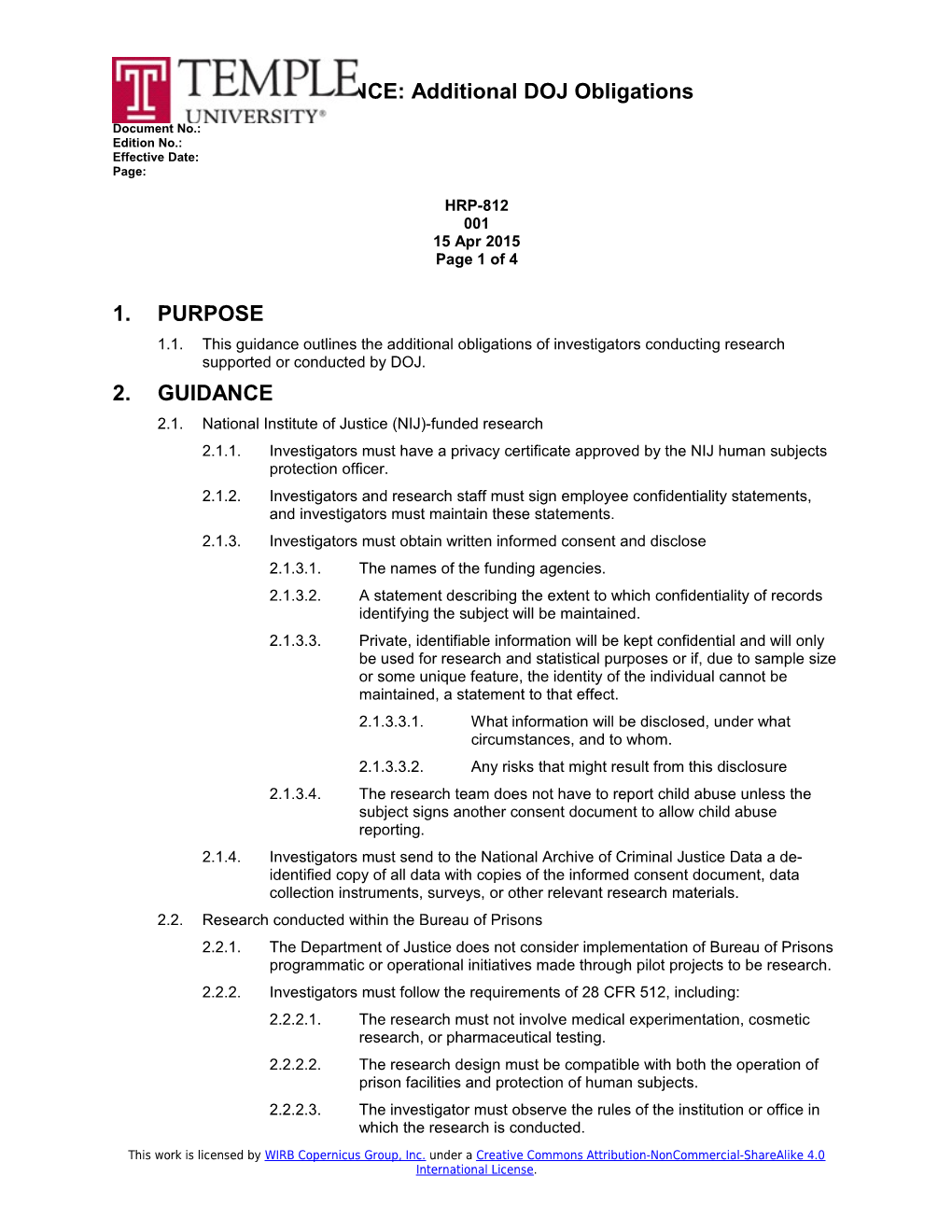 INVESTIGATOR GUIDANCE: Additional DOJ Obligations