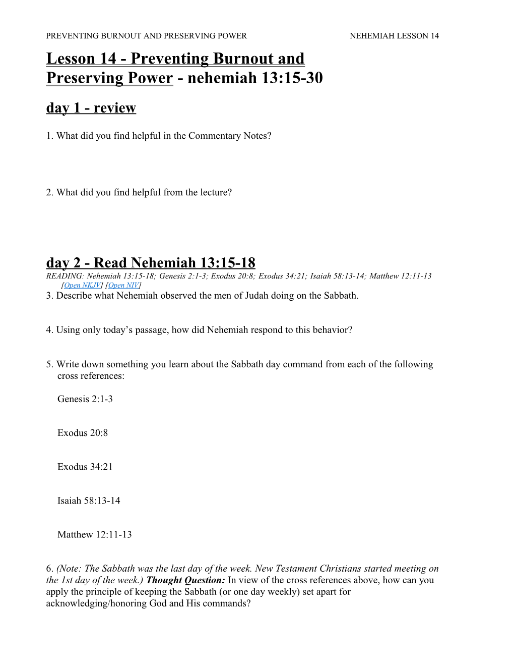 Preventing Burnout and Preserving Powernehemiah Lesson 14