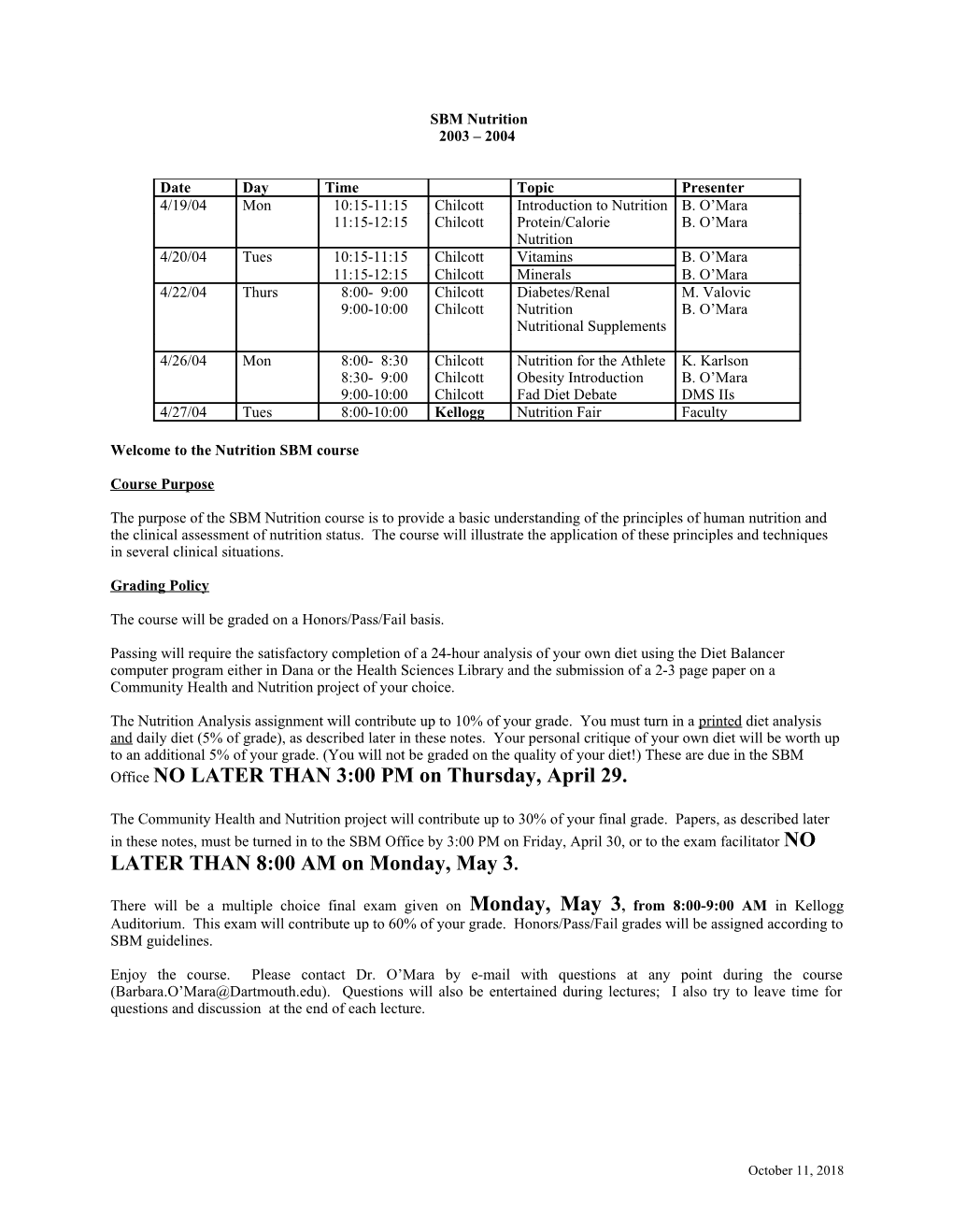 Nutrition Course/Sched