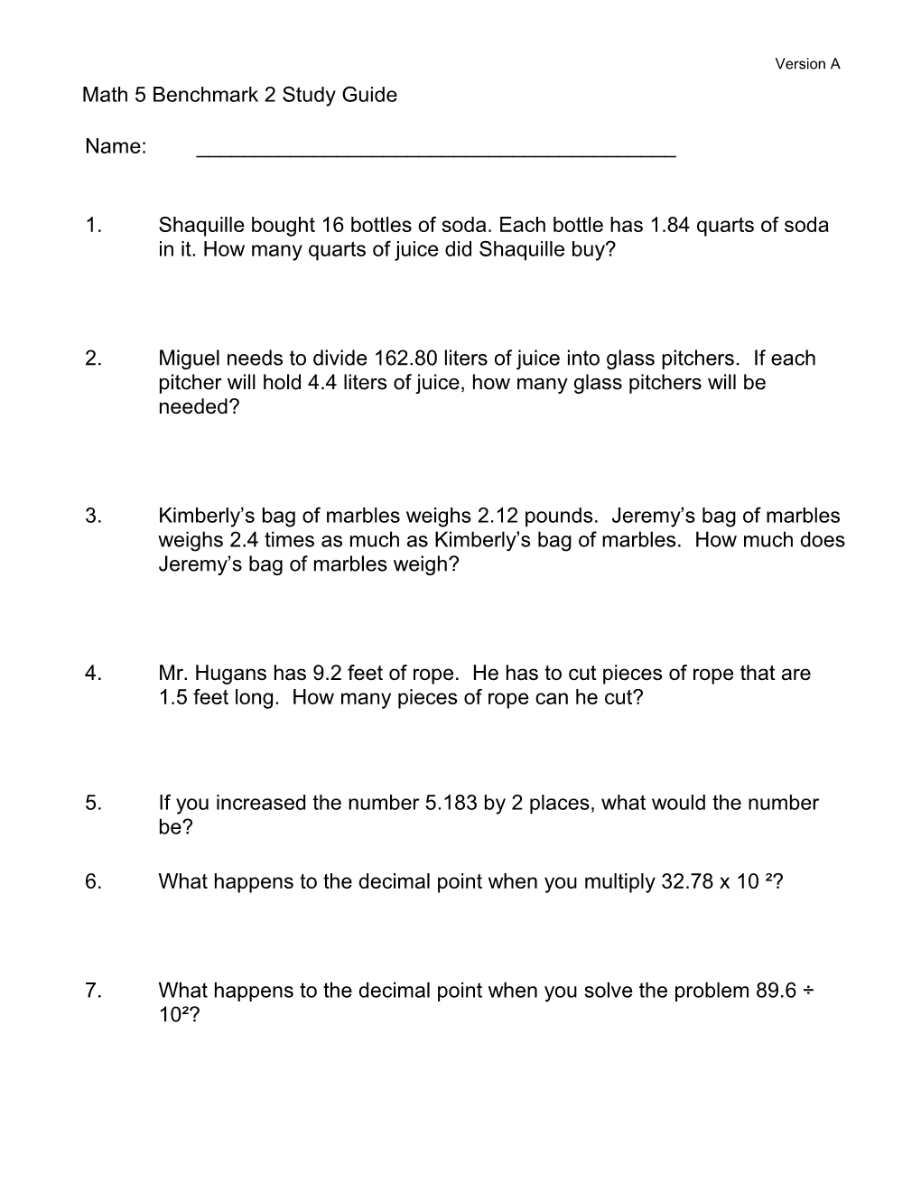 Math 5 Benchmark 2 CCGPS TCUE 2012-2013