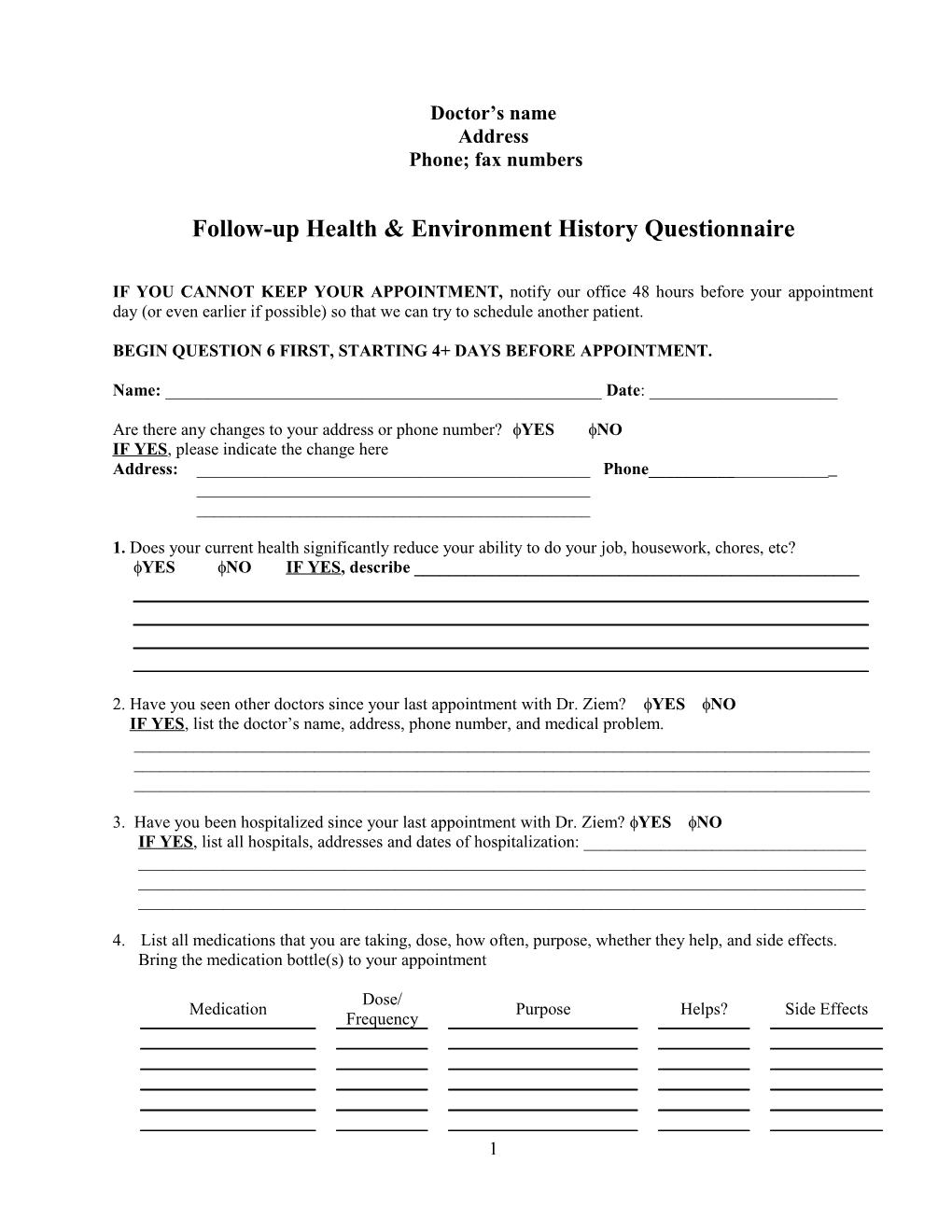 Follow-Up Health & Environment History Questionnaire