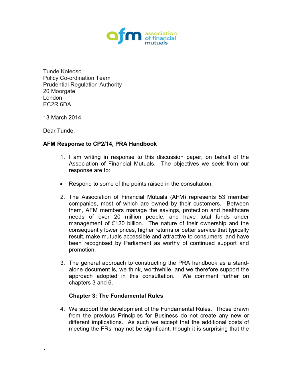 AFM Response to CP2/14,PRA Handbook