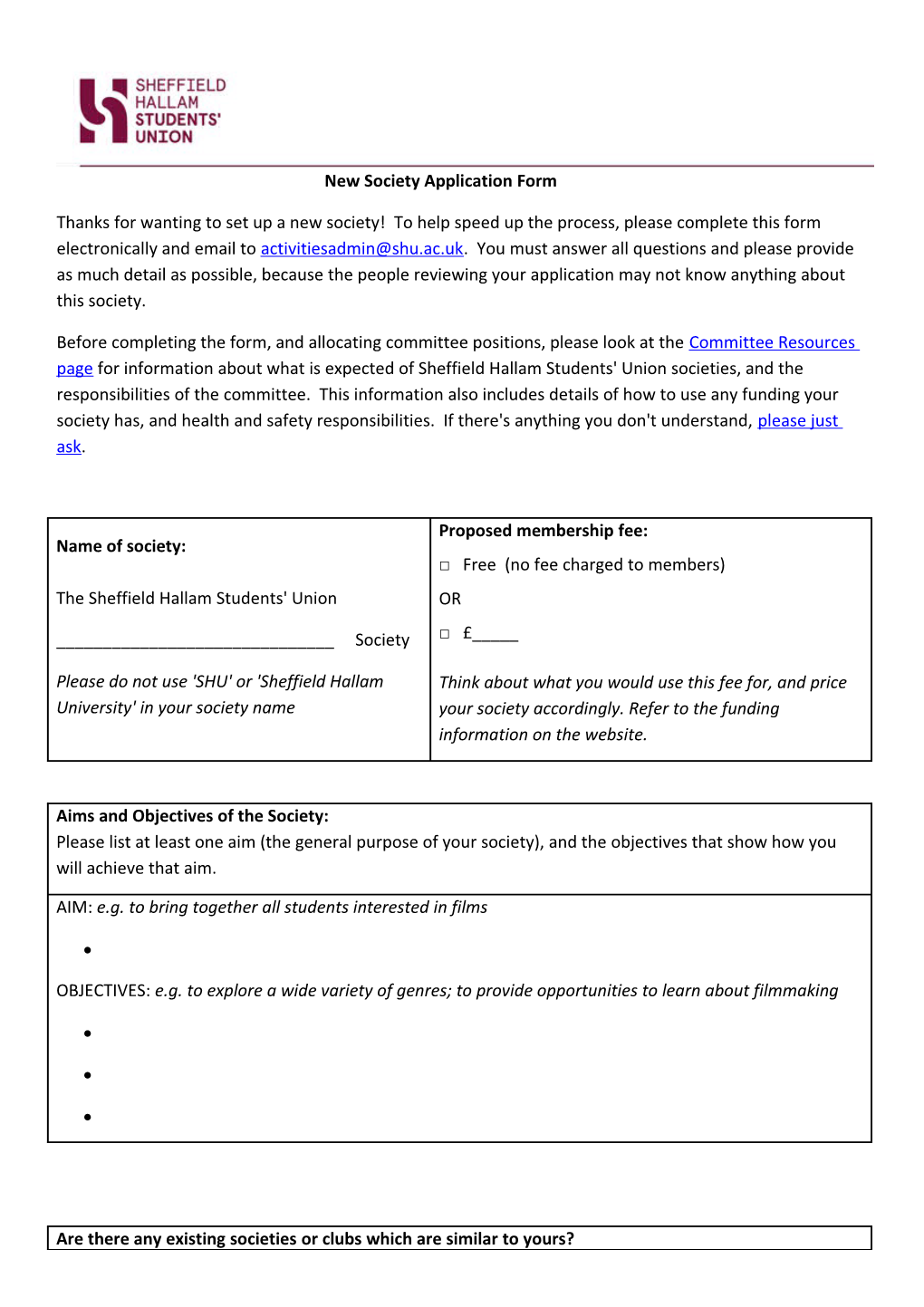 New Society Application Form