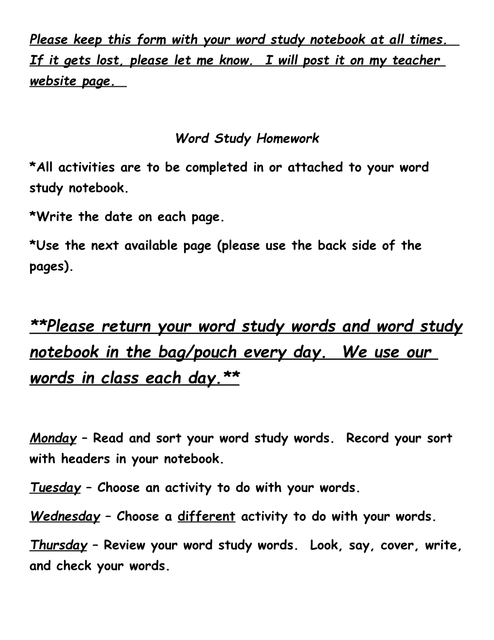 *All Activities Are to Be Completed in Or Attached to Your Word Study Notebook