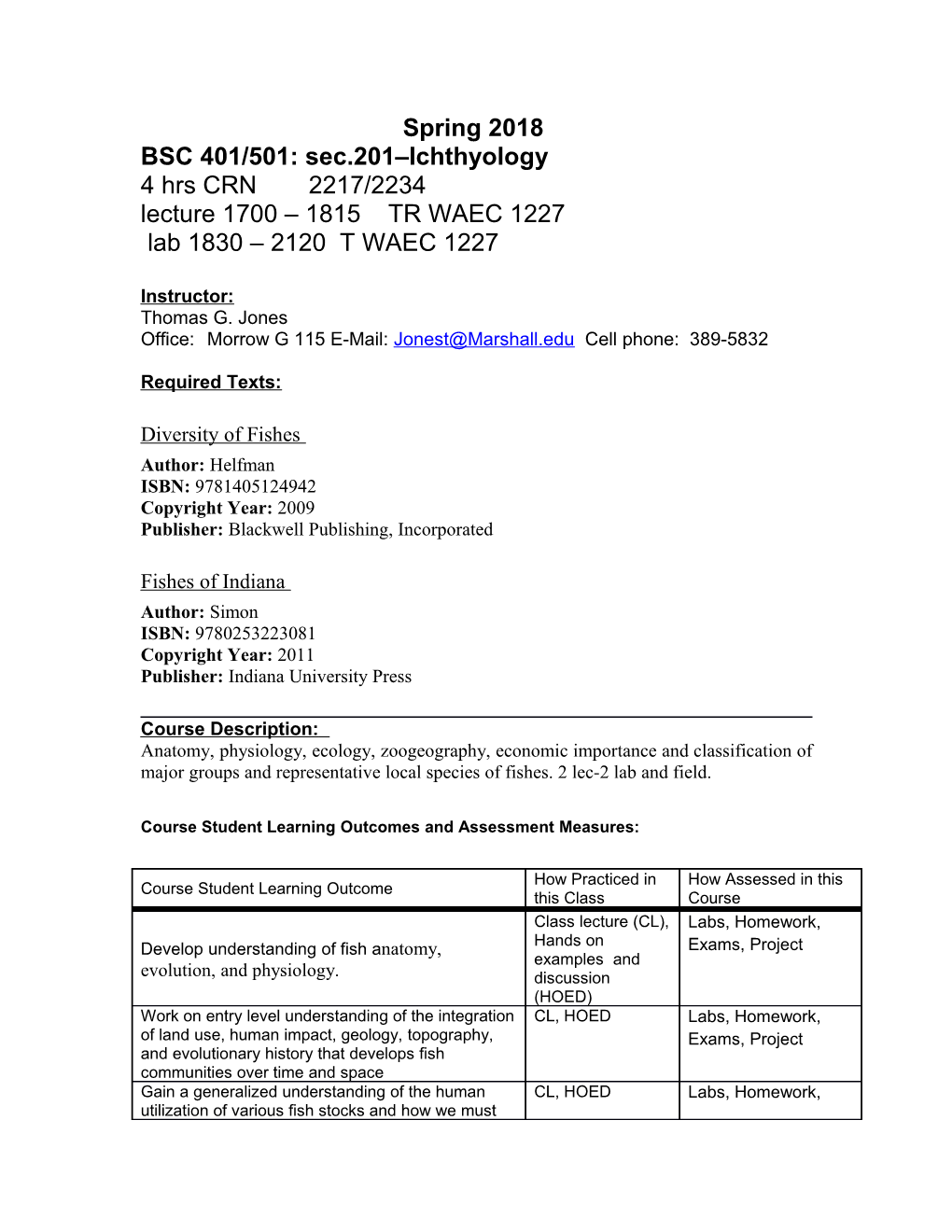 BSC 401/501: Sec.201 Ichthyology