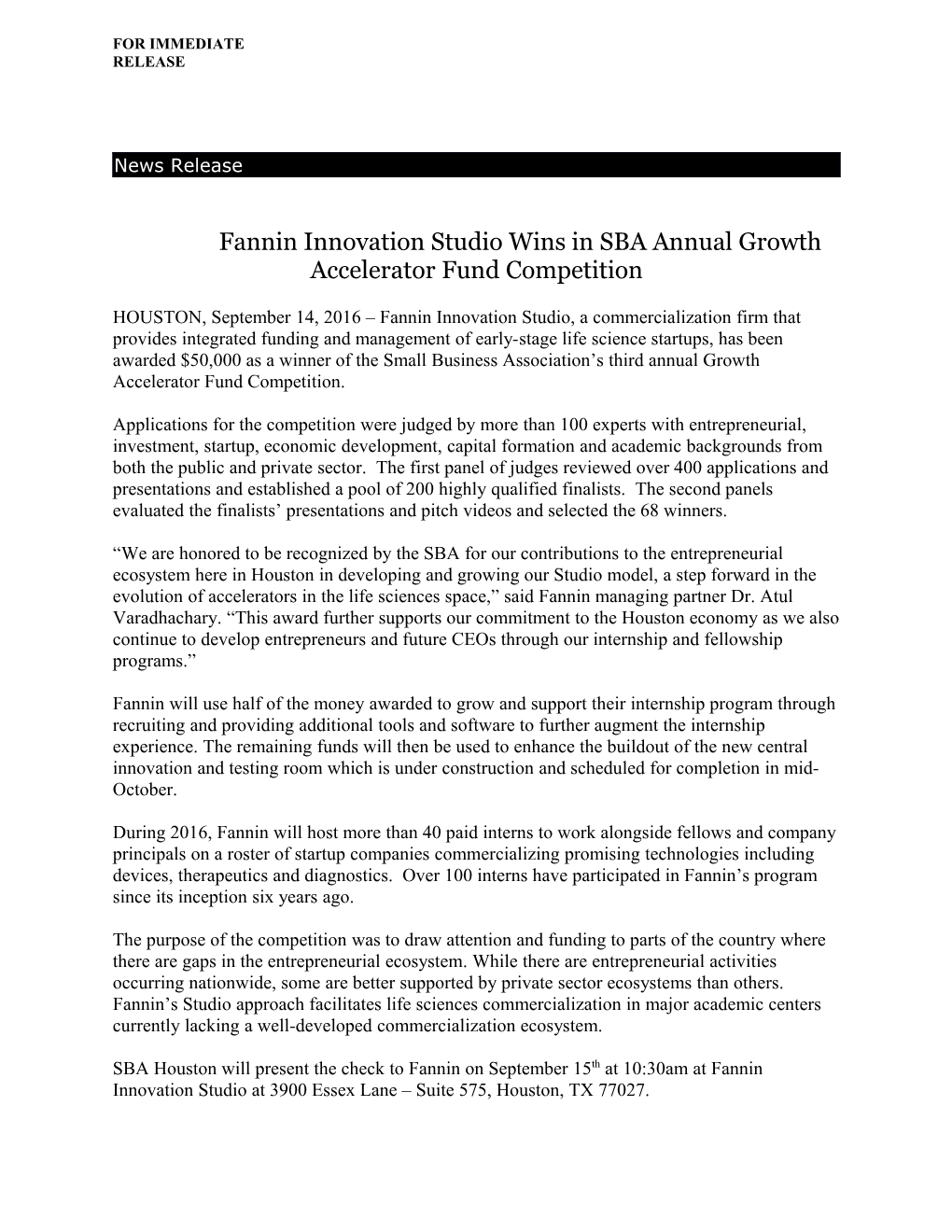 Fannin Innovation Studio Wins in SBA Annual Growth Accelerator Fund Competition