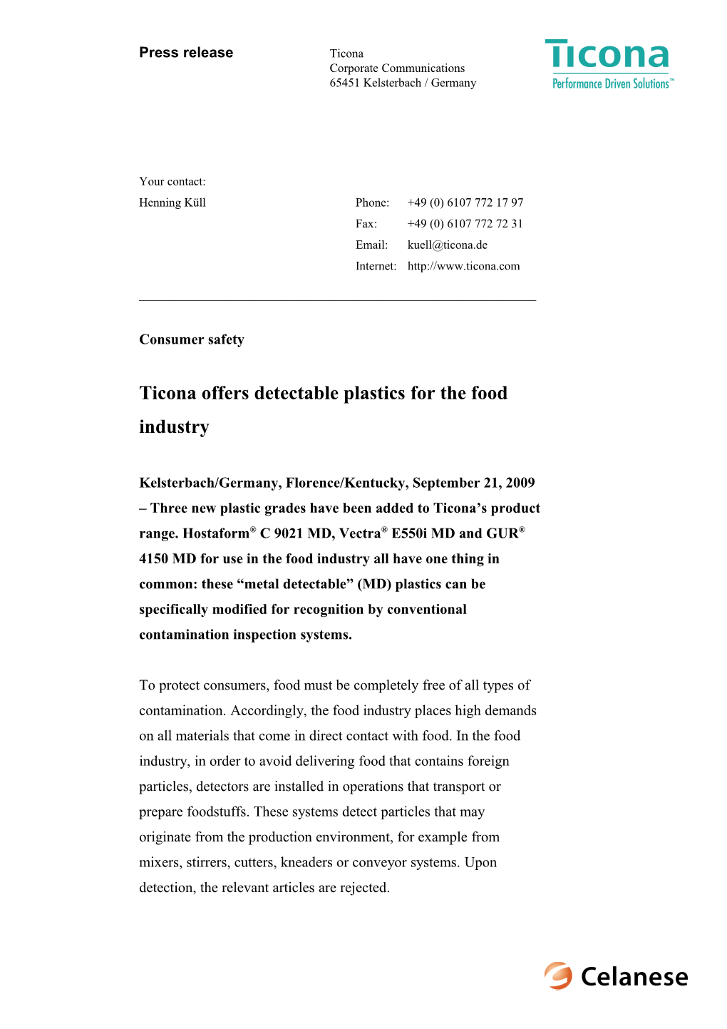 Ticona Offers Detectable Plastics for the Food Industry