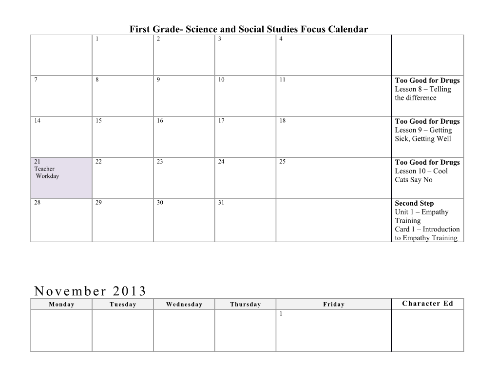 First Grade- Science and Social Studies Focus Calendar