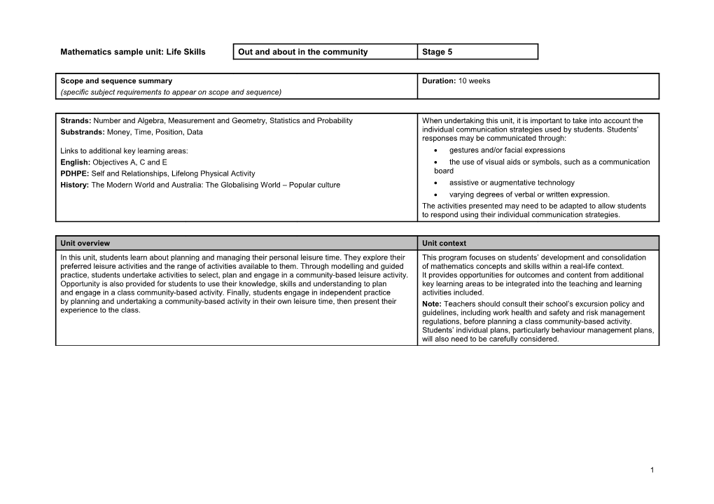 Mathematics Sample Unit: Life Skills