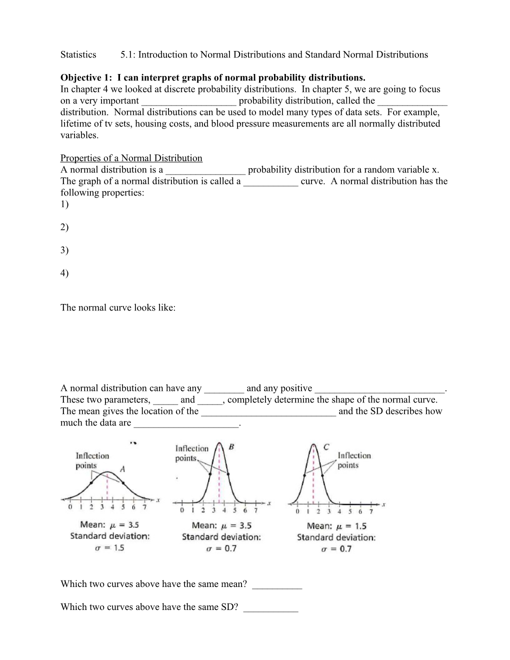 Objective 1: I Can Interpret Graphs of Normal Probability Distributions