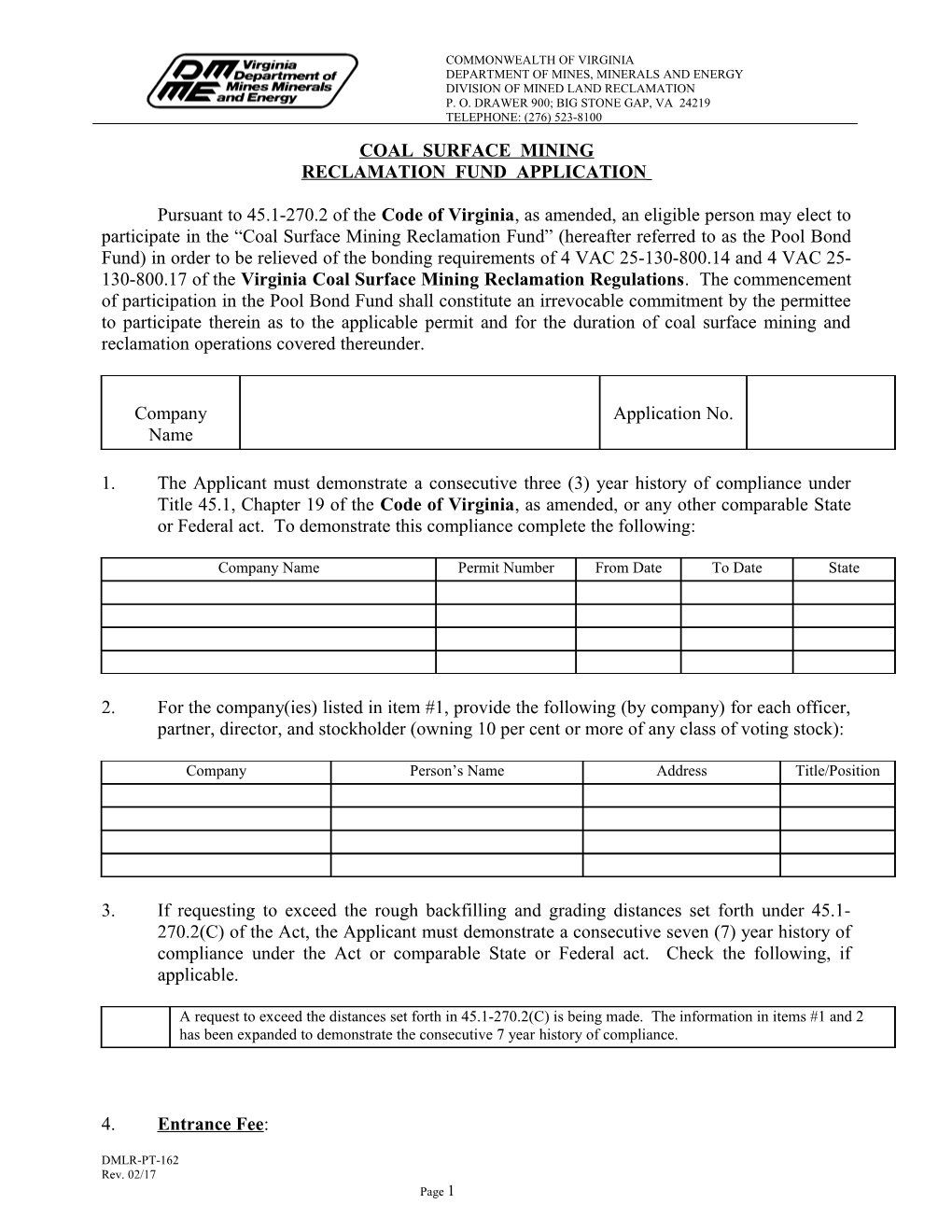 Coal Surface Mining Reclamation Fund Application