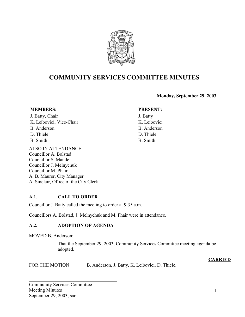 Minutes for Community Services Committee September 29, 2003 Meeting