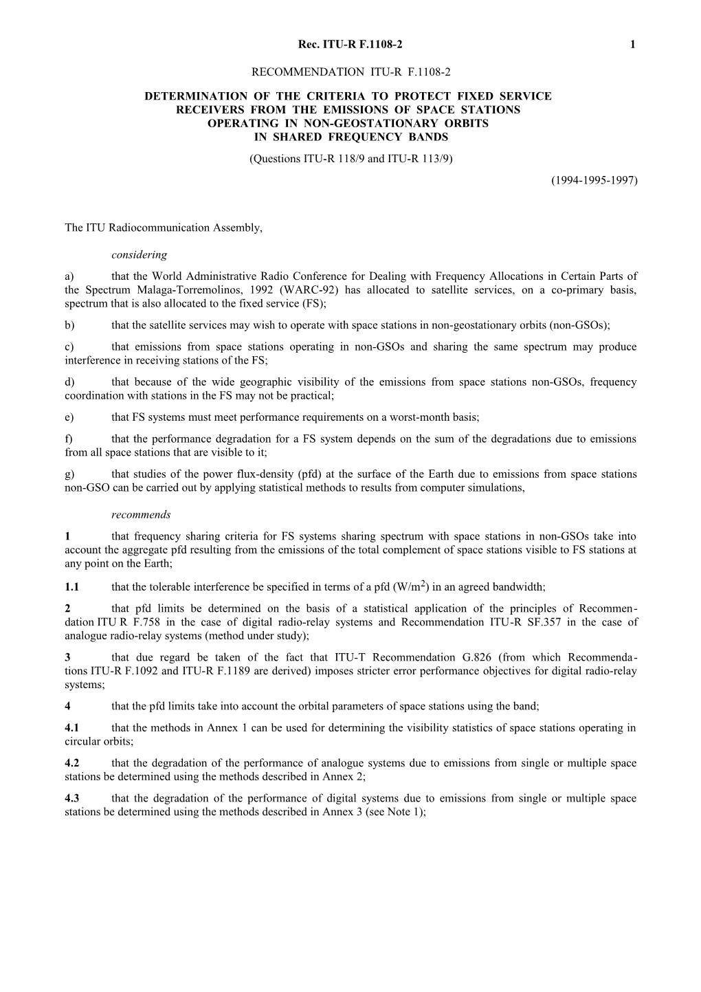 F.1108-2 - Determination of the Criteria to Protect Fixed Service Receivers from the Emissions