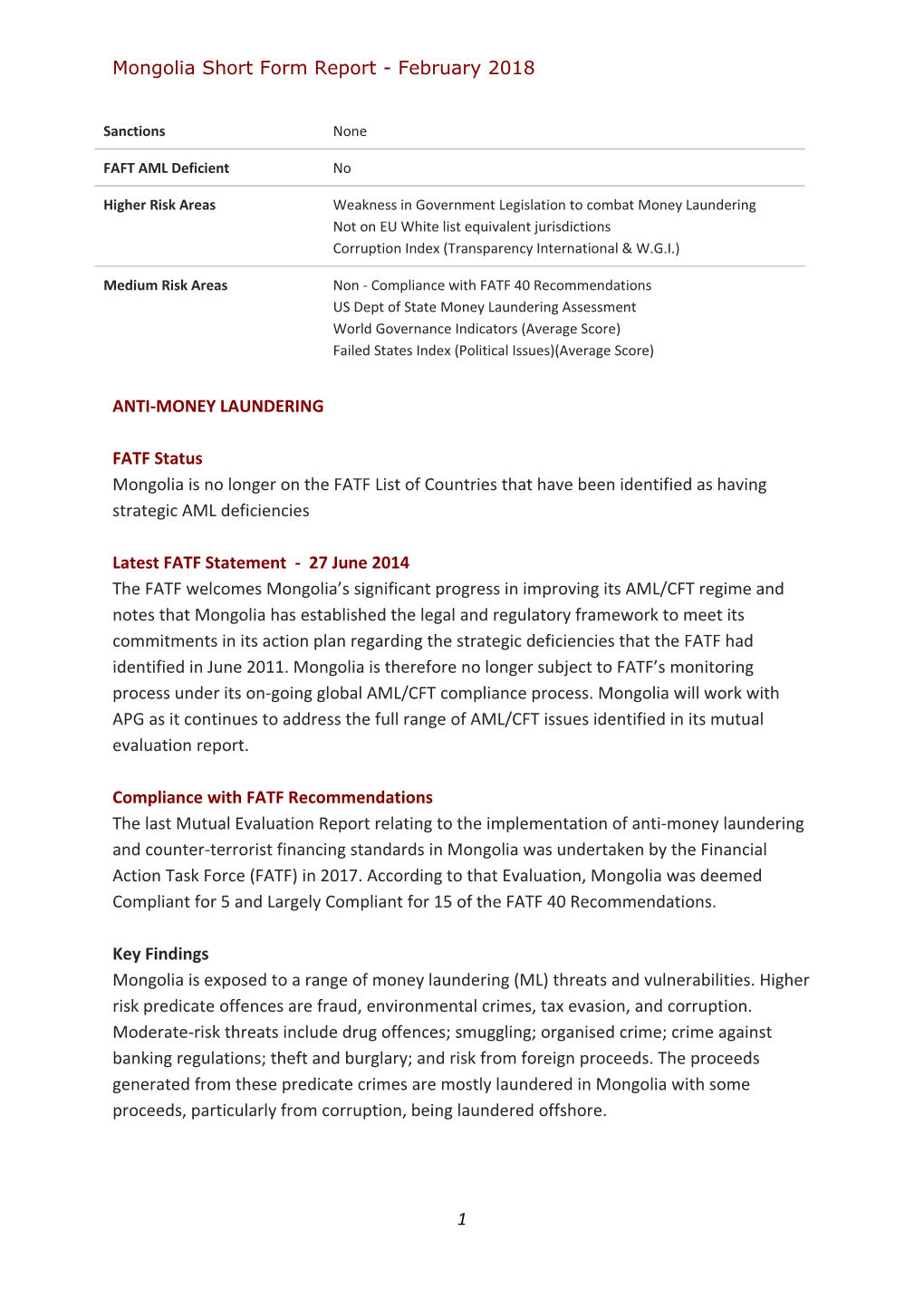 Mongolia Short Form Report - February 2018