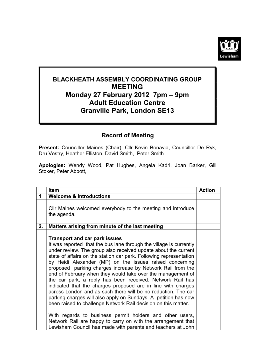 Blackheath Coordinating Group Meeting 27 February 2012 Minutes