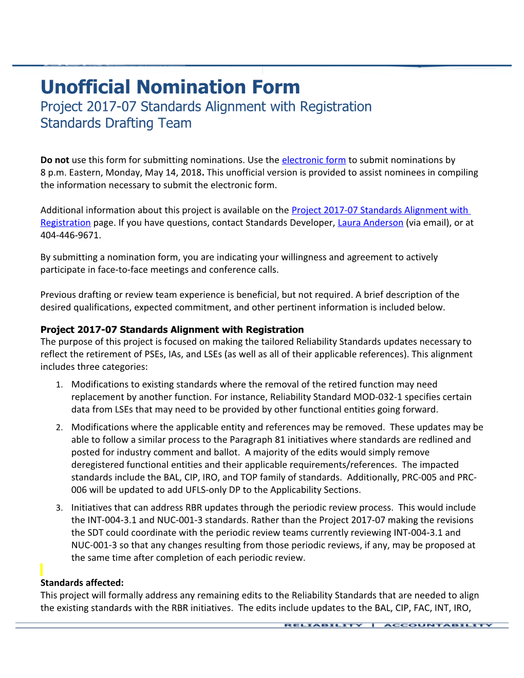 Unofficial Nomination Form Project 2017-07 Standards Alignment with Registration