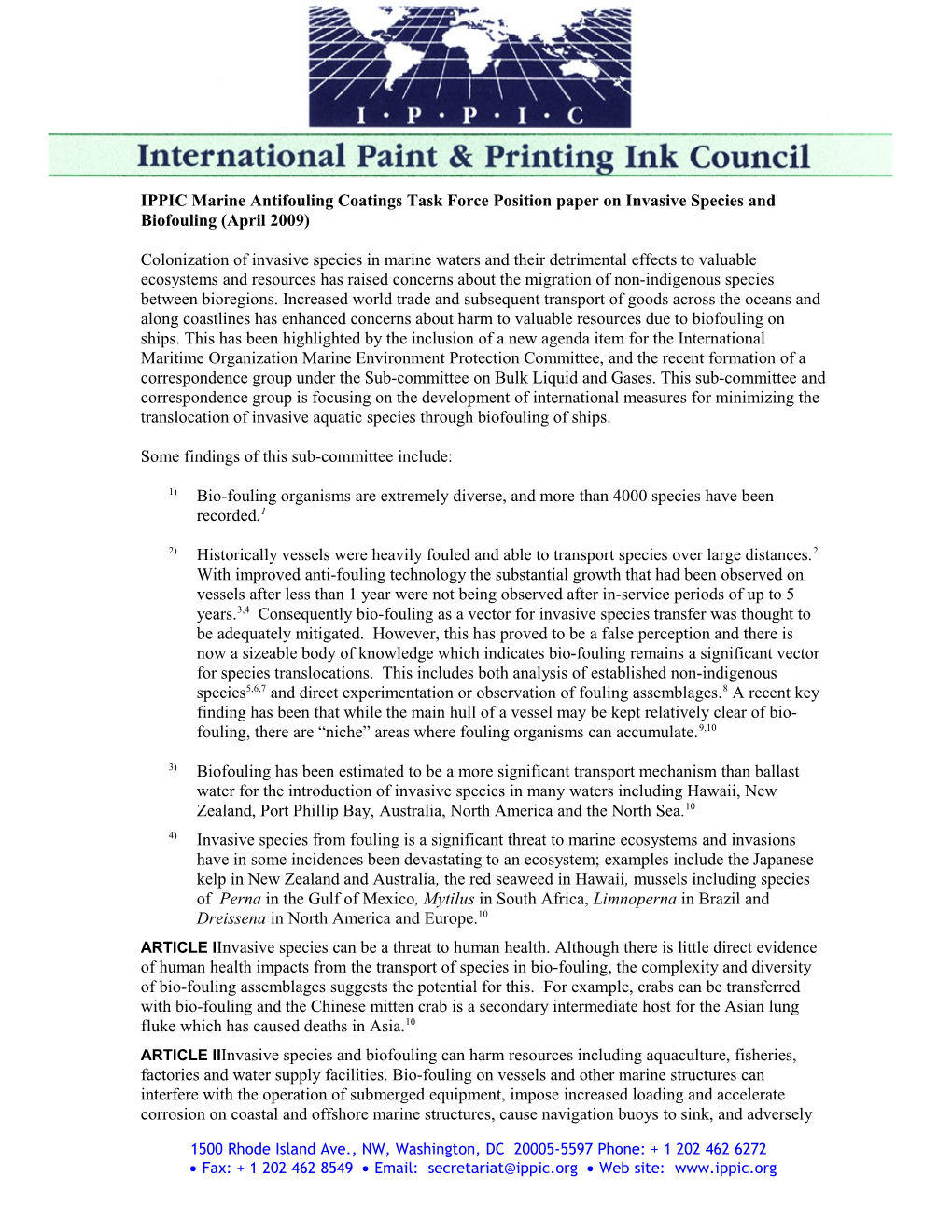 IPPIC Marine Antifouling Coatings Task Force Position Paper on Invasive Species and Biofouling