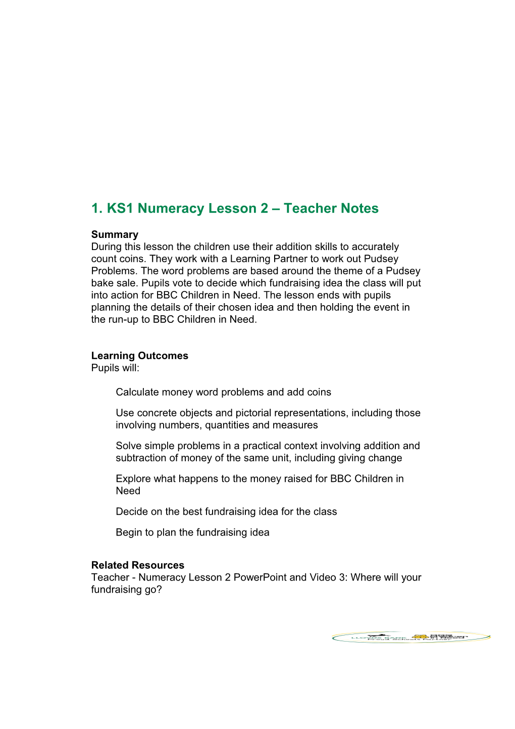 KS1 Numeracy Lesson 2 Teacher Notes