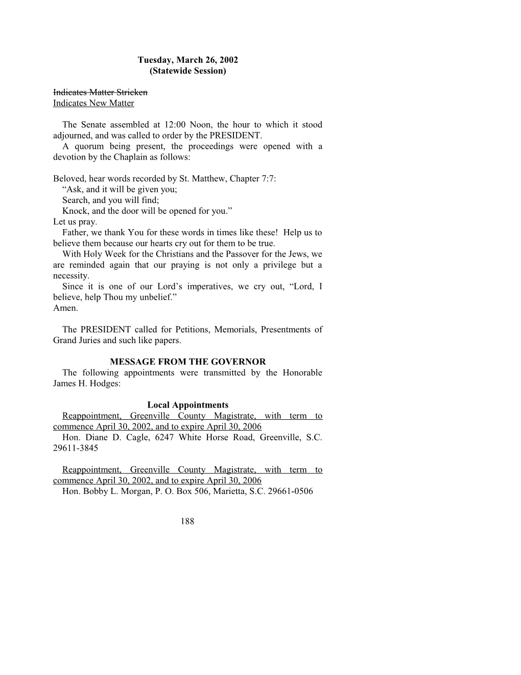 Senate Journal for Mar. 26, 2002 - South Carolina Legislature Online