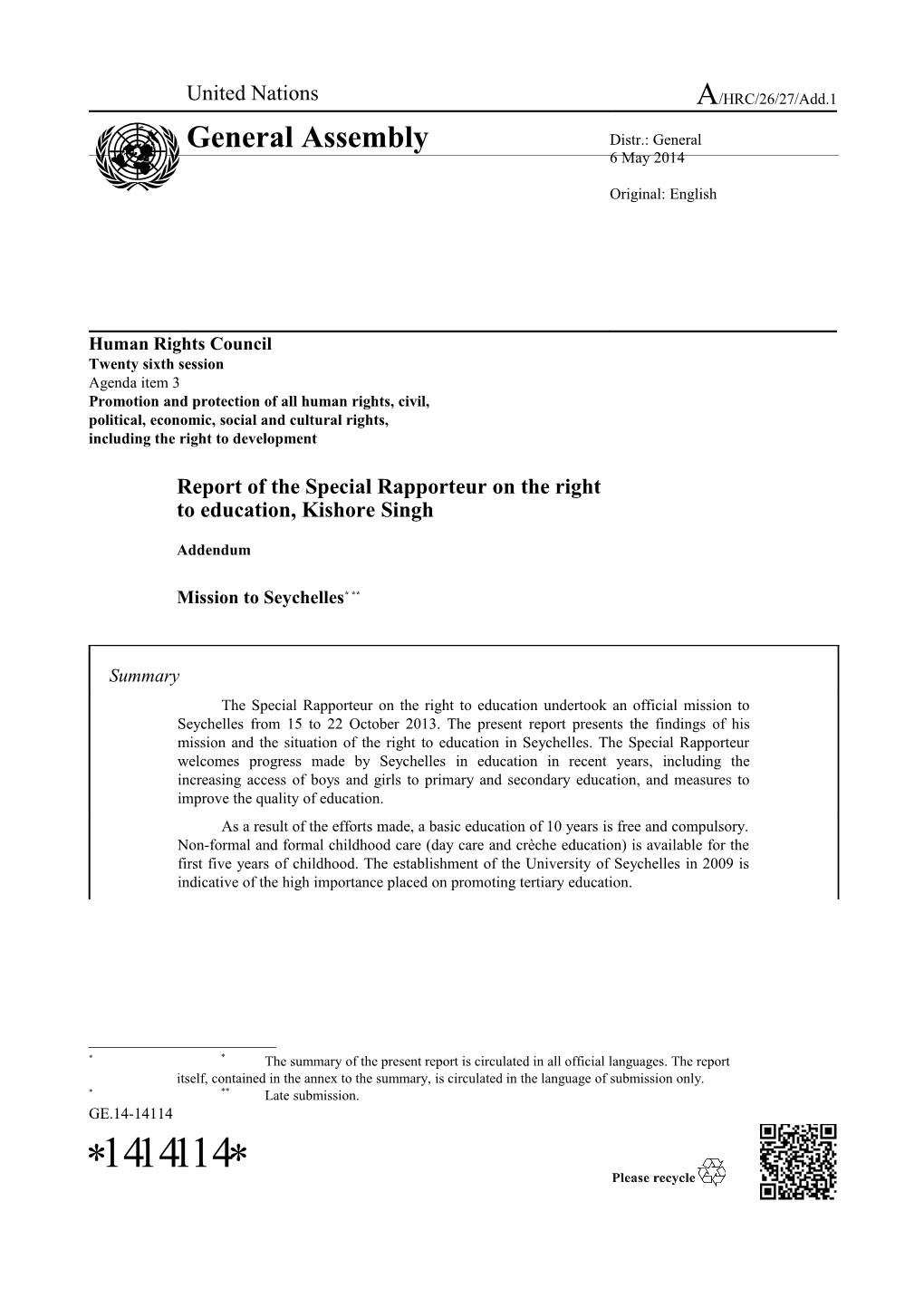 Report of the Special Rapporteur on the Right to Education, Kishore Singh, Addendum - Mission